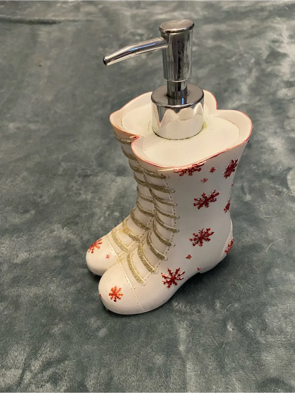 Holiday White Boot Soap Dispenser with Red Snowflake Accents